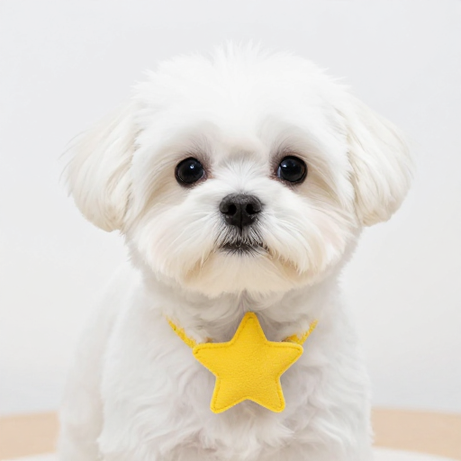 白色马尔济斯犬佩戴黄色五角星项圈高清广告图