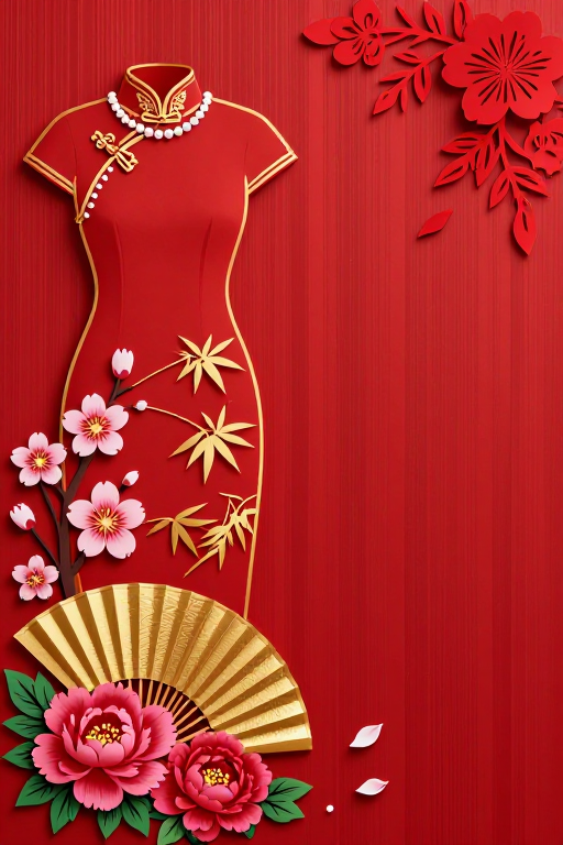 红绸旗袍剪纸风 中式节庆艺术图