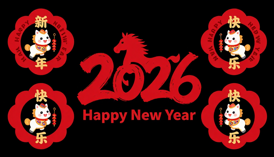 现代国潮风2026新年插画：生肖马与吉祥徽章设计