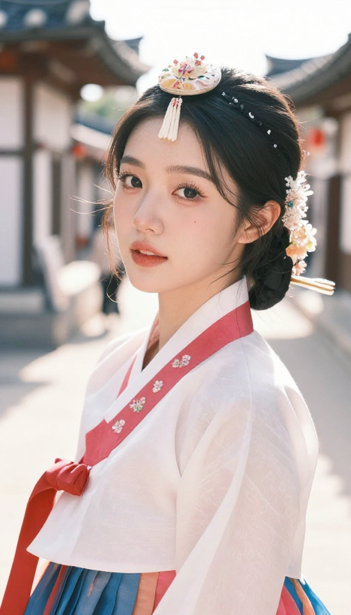 韩服民族风美女逆光街拍写实摄影