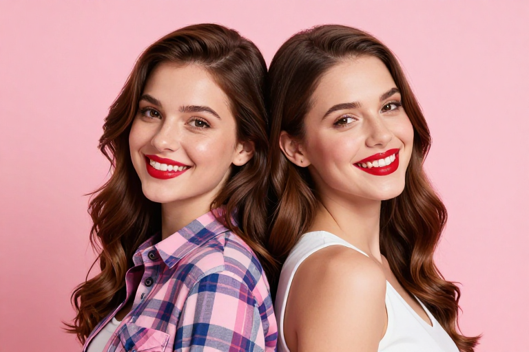 粉蓝格纹红唇双美:时尚美妆广告人像