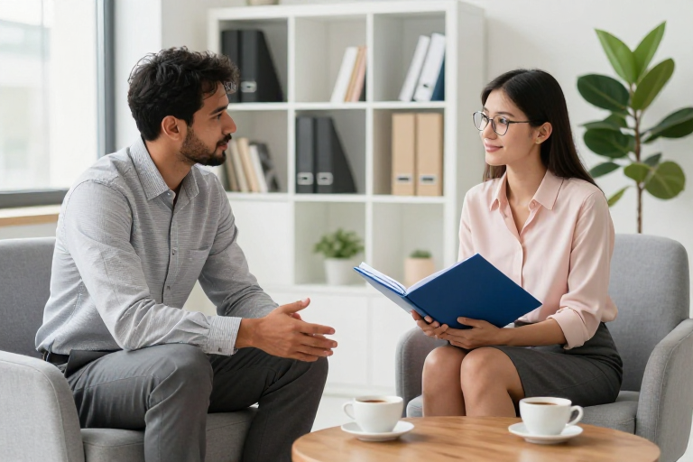 商务咨询对话：专业沟通在优雅职场氛围中自然展开