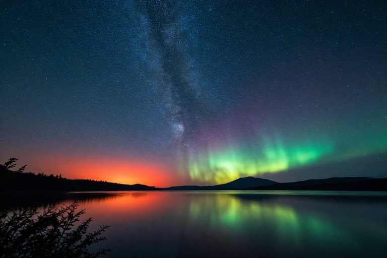 极光与繁星共舞的静谧湖夜
