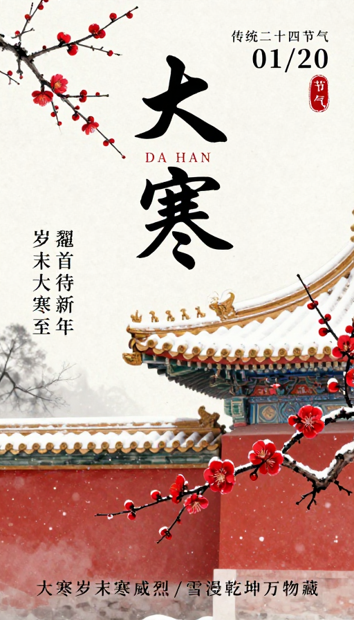 水墨大寒节气海报：传统韵味与新春期许