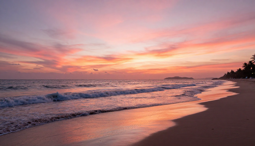 宁静海滩日落：粉橙霞光临照的温暖瞬间