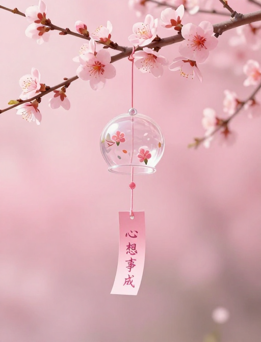 粉色桃花风铃交织的唯美新年心愿插画