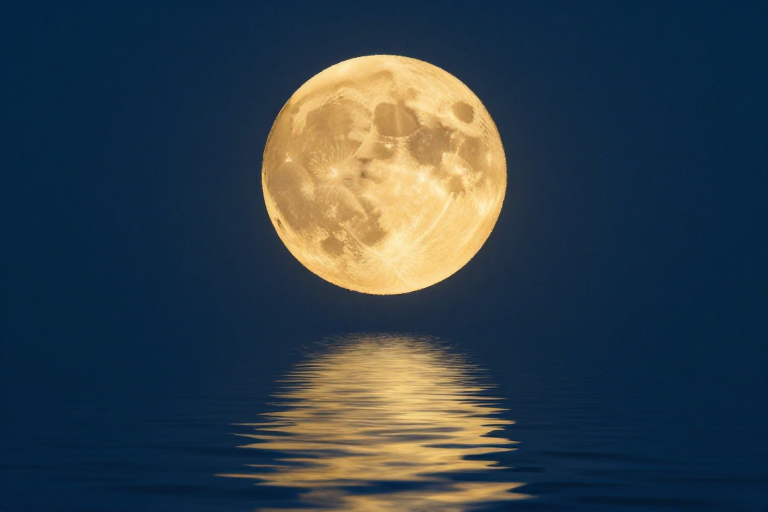 金辉满月映碧波：静谧夜空下的月夜倒影