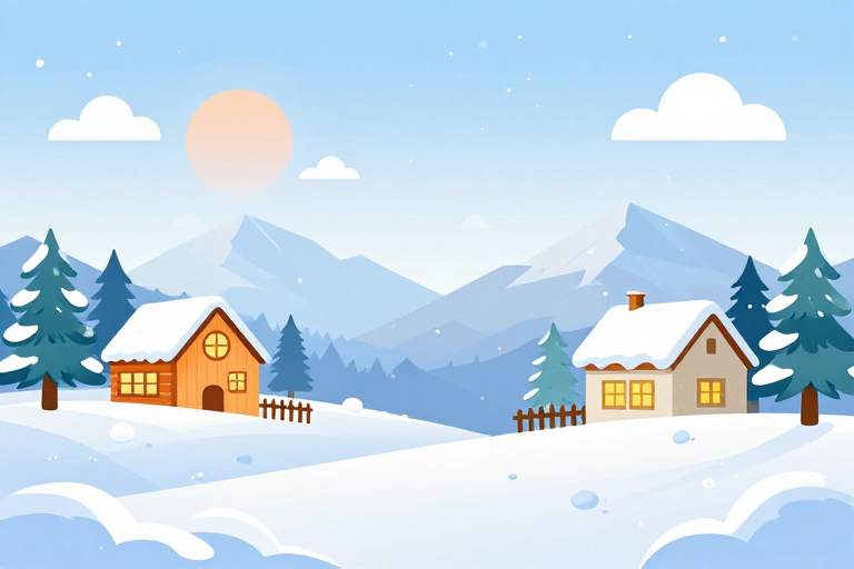 冬日雪景温馨插画背景，扁平化矢量带暖光小屋