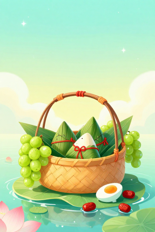 端午清新粽艺插画：梦幻青绿竹篮盛满粽香与果韵