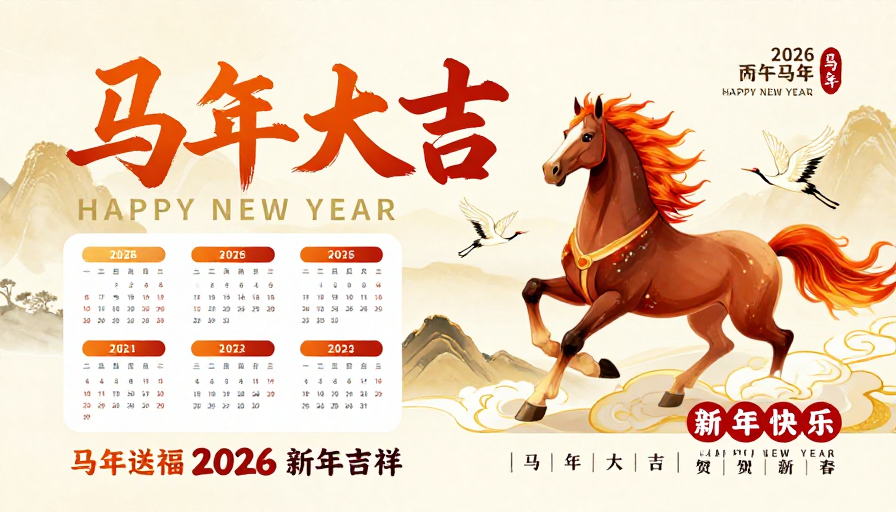 国潮风马年贺岁海报：暖金水墨与骏马奔腾