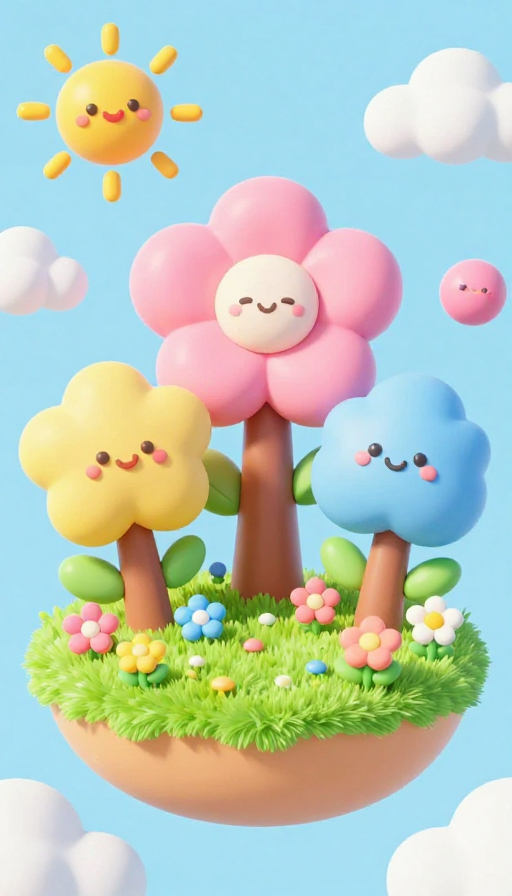梦幻彩色岛屿花园卡通插画