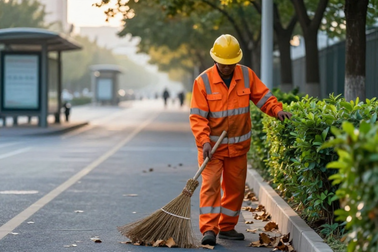 晨曦中的环卫守护:温暖光影下的城市整洁