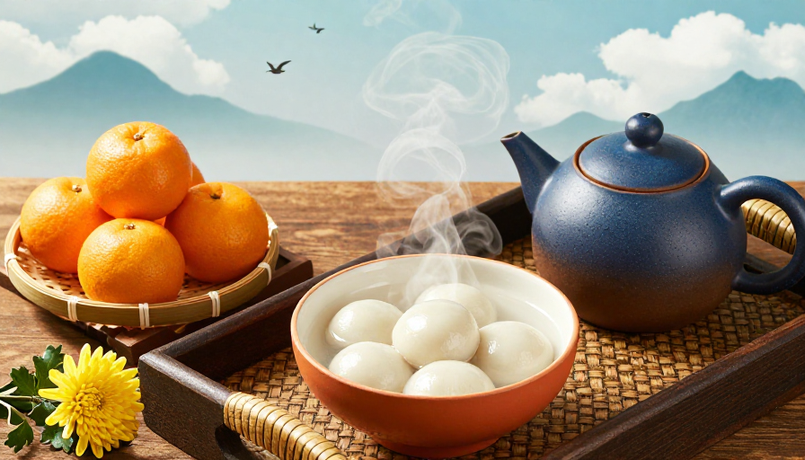 中秋团圆：蓝釉陶壶暖光下的中式茶点盛宴