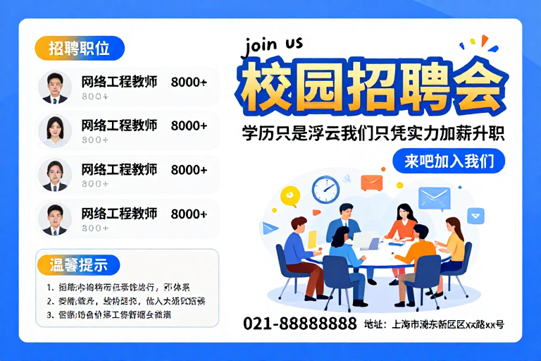蓝橙撞色校园招聘会海报:网络工程教师高薪诚聘