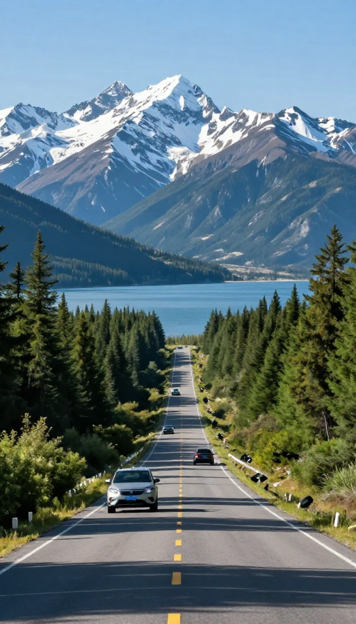 壮丽雪山湖景公路摄影
