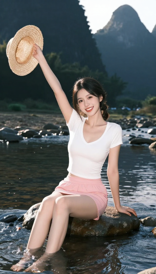 清新夏日少女写真：喀斯特溪边逆光人像