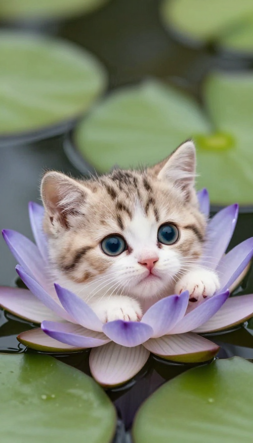 萌趣Q版小奶猫卧睡莲间，好奇双眼惹人爱