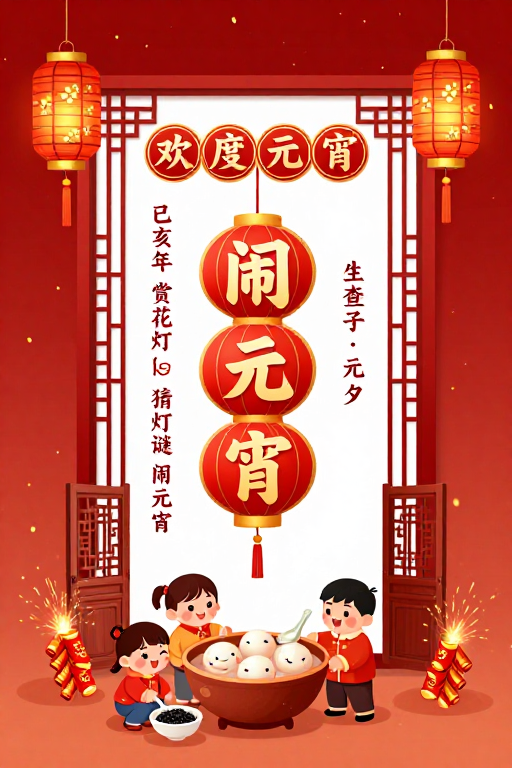 喜庆热闹元宵节海报设计，传统红金配色童趣插画