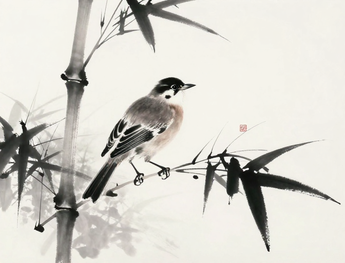水墨意境：竹枝栖鸟与松印的静谧之美