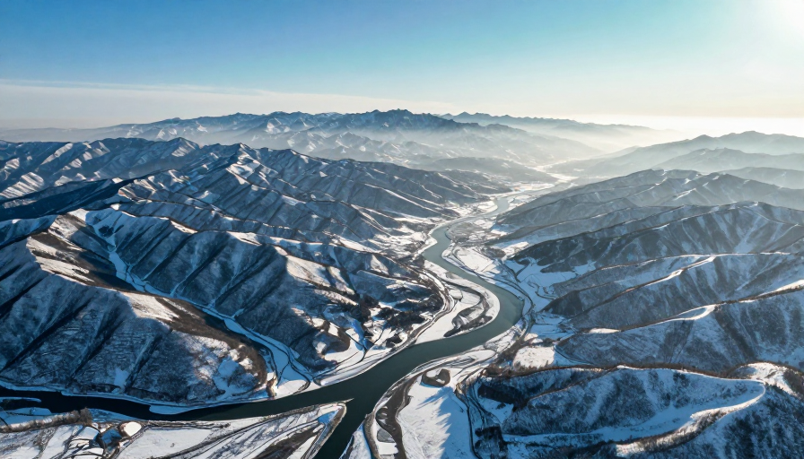 雪域山河：高空摄影展现冬季河谷壮丽景观