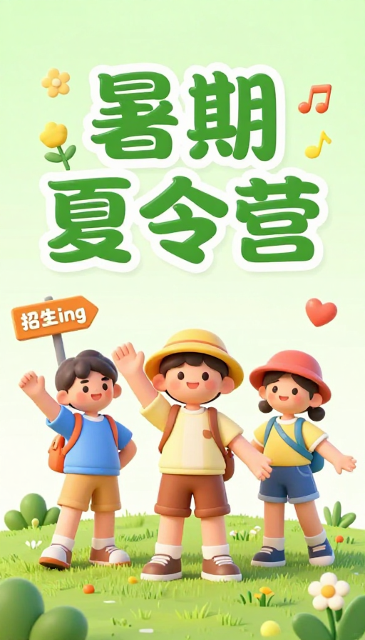 清新3D卡通暑期夏令营宣传海报