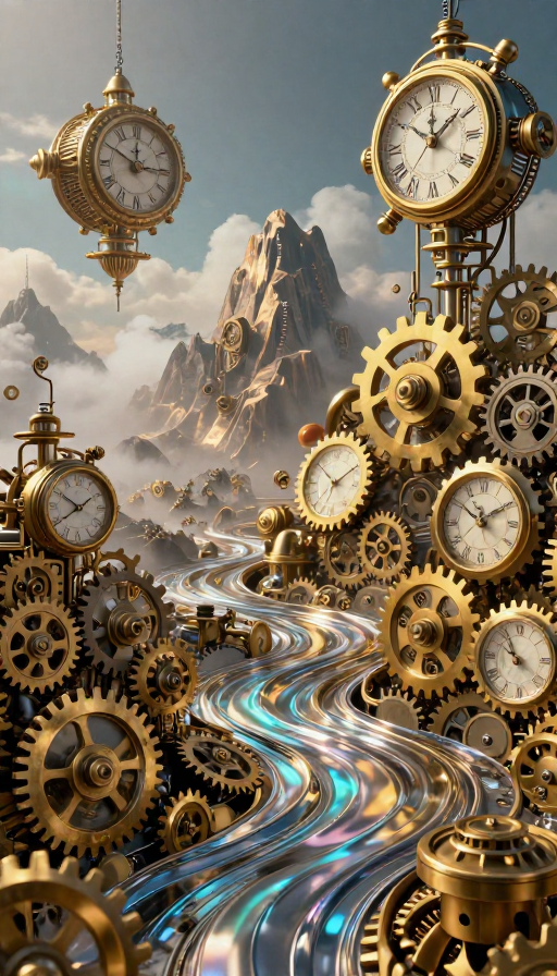 蒸汽朋克超现实钟表世界：机械山脉与液态金属的奇幻交织