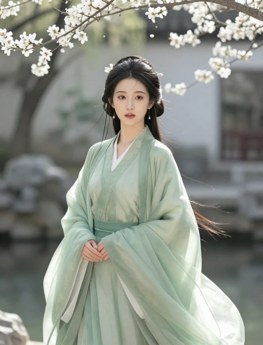 春景花海中绝美的古代绿纱女子