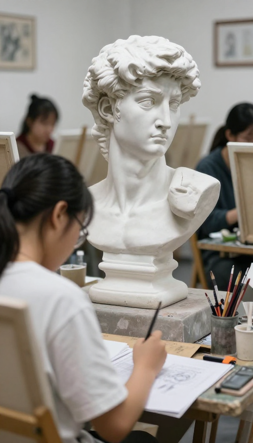 学生绘画中：写生素描大卫石膏像的艺术课堂