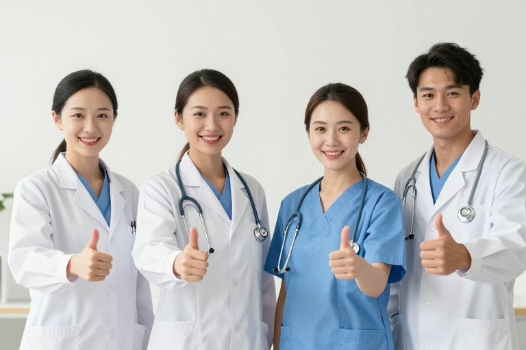 四位医护微笑竖指彰显专业形象