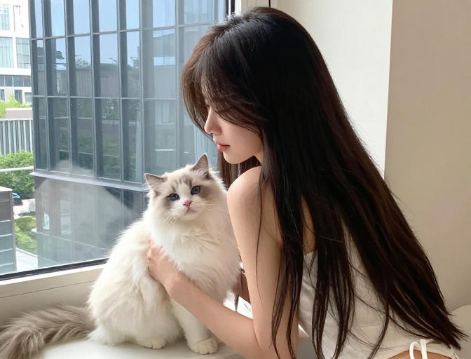 长发女生与布偶猫的温馨家园，现代窗景相伴