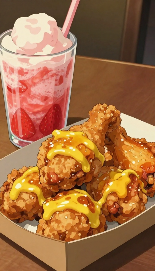 宫崎骏风炸鸡特写：酥脆鸡腿配蜂蜜芥末与草莓沙冰
