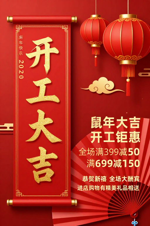 红金中国风新年开工大吉促销海报