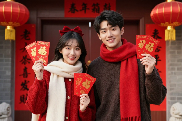 新春佳节:亚洲情侣持红包微笑合影,温暖红调传递祝福