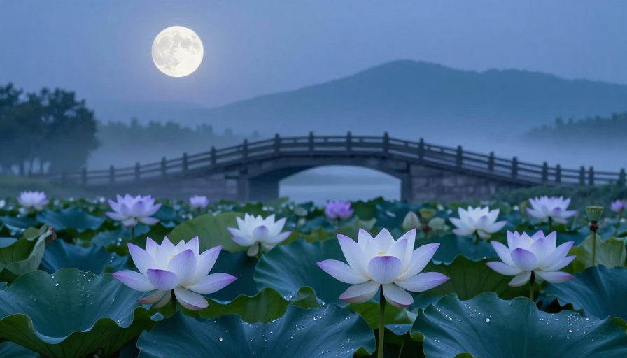 月夜荷塘映清辉：中式古韵与自然光影的静谧美学
