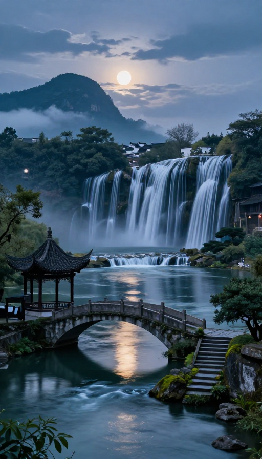 暮色徽派水乡：拱桥流水间的诗意光影