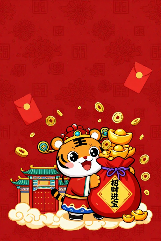 国潮风喜庆招财福虎金元宝飞舞插图