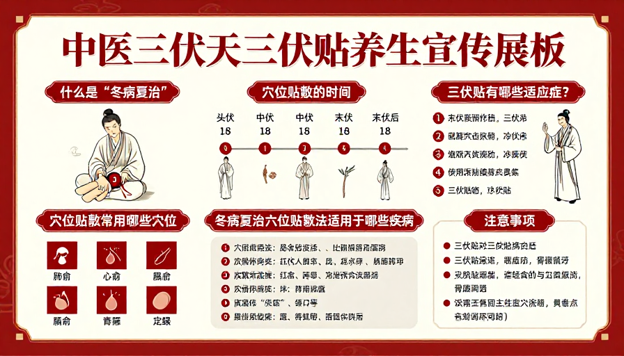 中医三伏贴养生:冬病夏治传统宣传海报