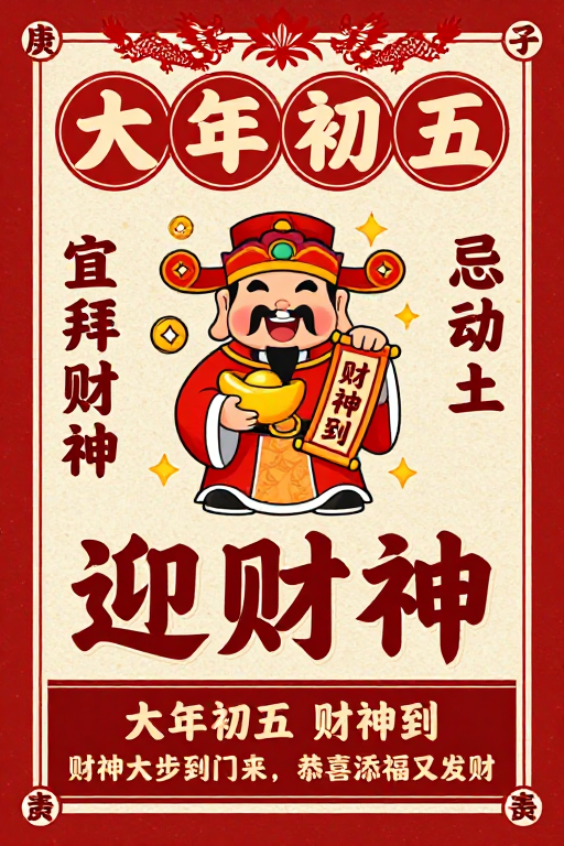 复古中国风春节迎财神海报
