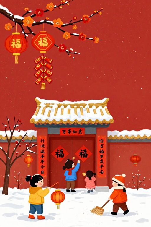 新年喜庆中国风插画:红梅灯笼迎福到