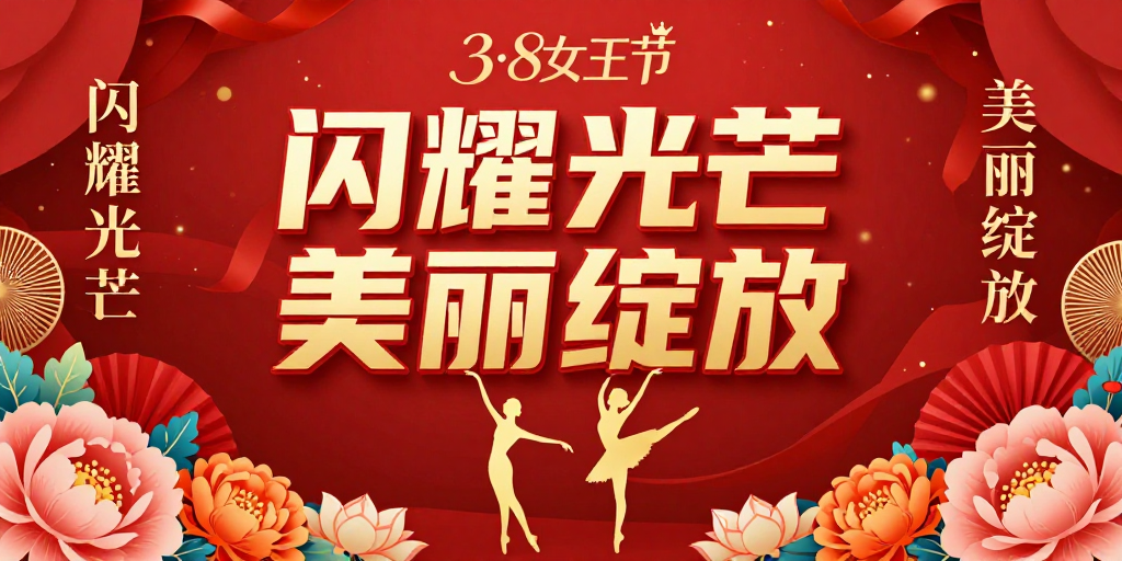红色喜庆女王节海报,闪耀光芒与美丽绽放