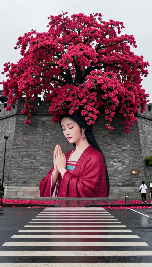 玫红汉韵墙绘花雨:雨后街景汉服美人在花海