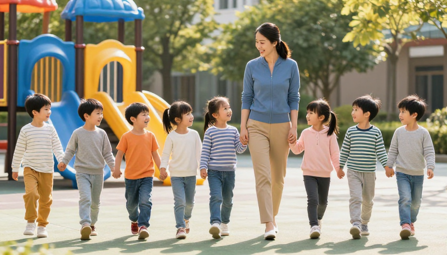 温馨校园时光：亚洲女教师引领幼儿漫步操场