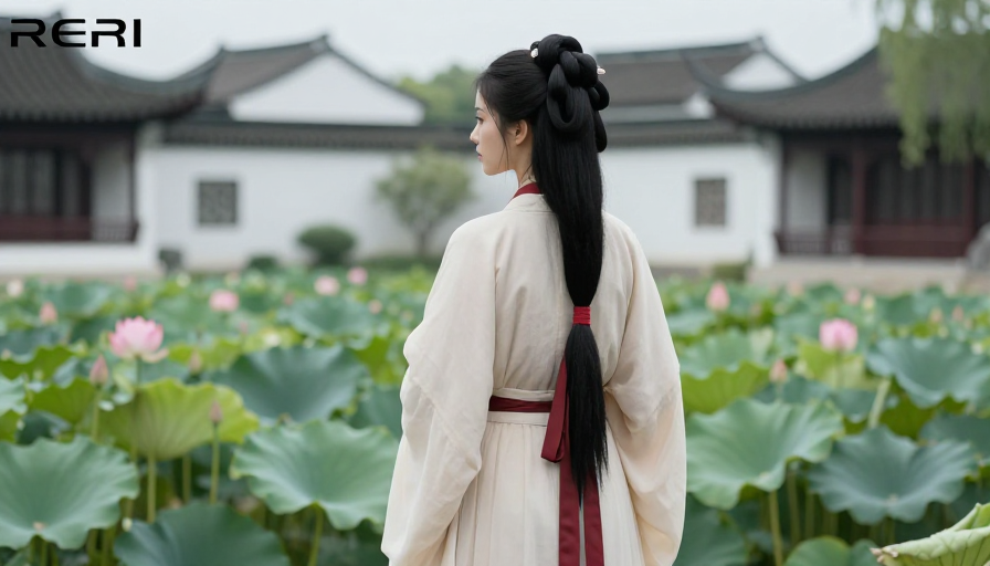 米白汉服女子荷塘背影:阴天古典韵味