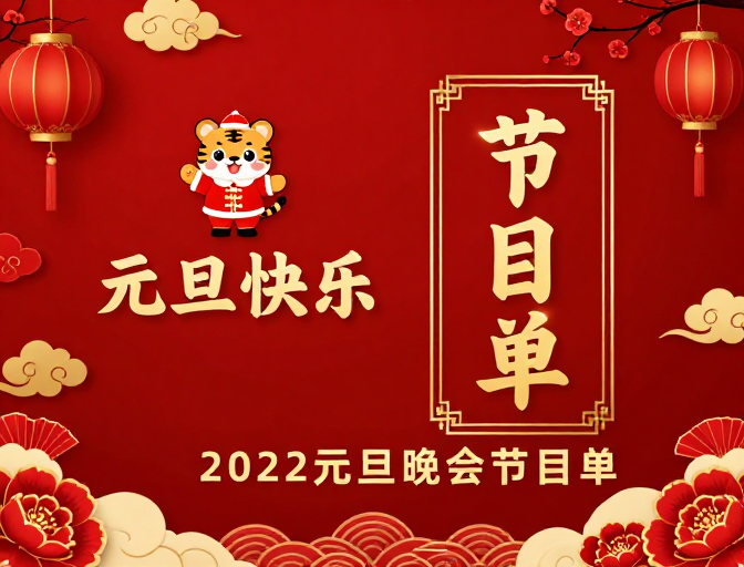 2022元旦晚会节目单海报：中国红喜庆新年设计