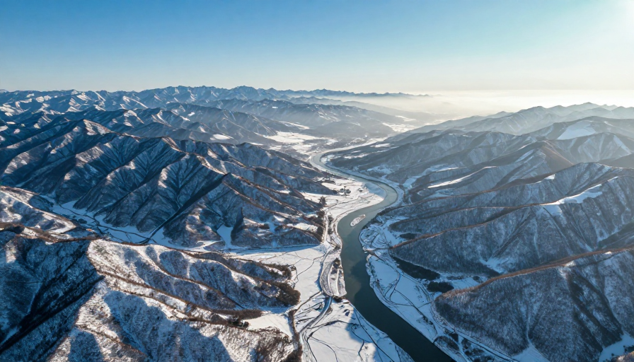 冬日雪山与河流交织的航拍绝景：高对比冷调风光摄影