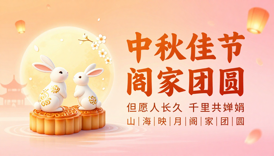 暖橙粉渐变中秋团圆海报，传统与插画融合的节日视觉盛宴