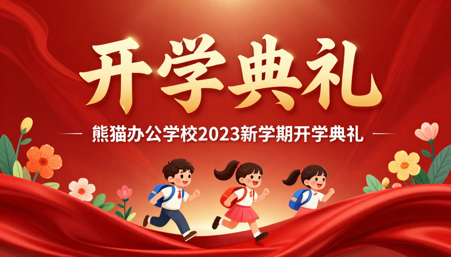 金色立体开学典礼海报，童真活力卡通风格