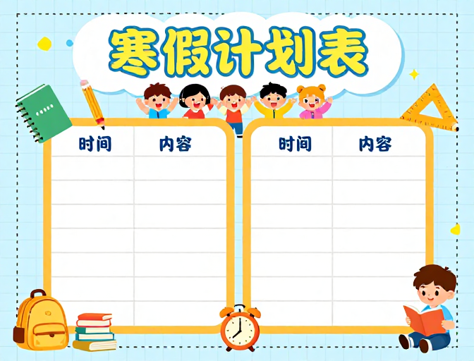 清新校园手账风寒假计划表儿童插画海报