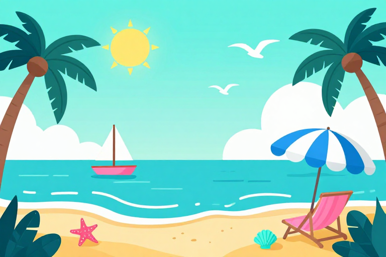 清新扁平夏日海滩青绿渐变插画