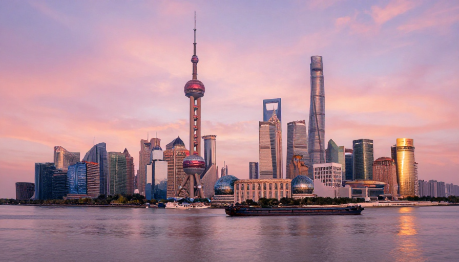 陆家嘴日落全景：摩天楼倒映紫霞辉